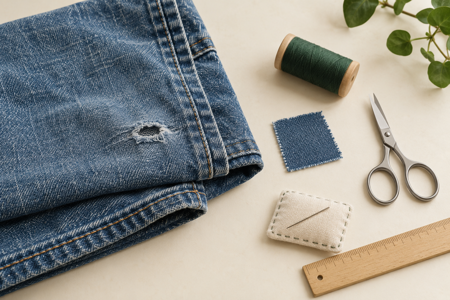 Jeans, thread, scissors, a needle, and a fabric patch arranged for hand mending