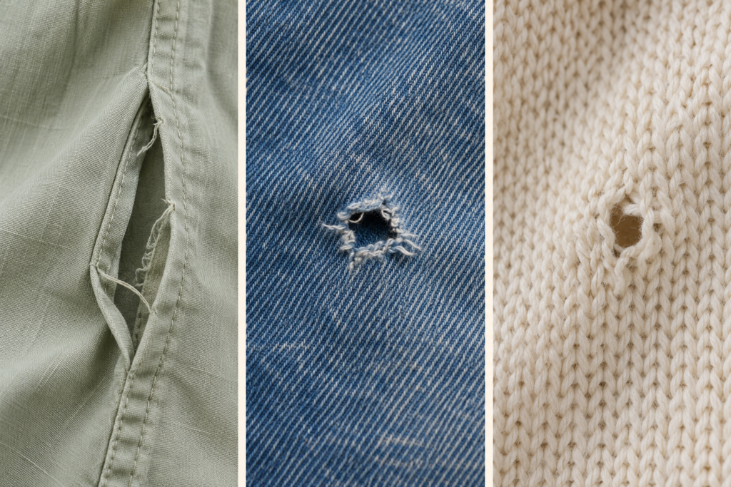 Three types of clothing damage: an open seam, a denim hole, and a hole in knitwear.
